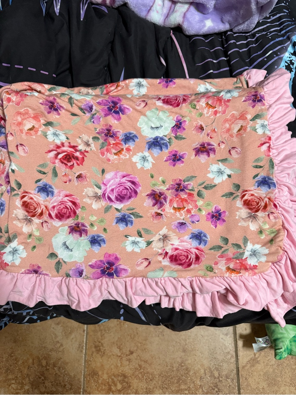 Posh Peanut Peach Floral Throw Blanket with Pink Ruffle